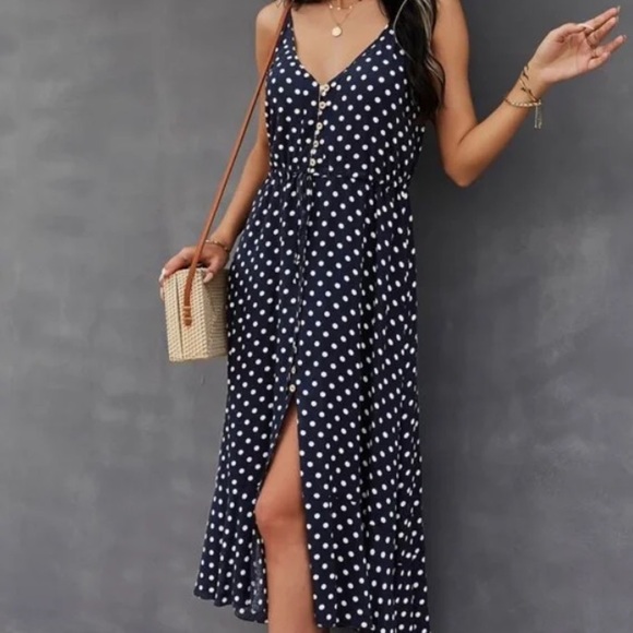 Boho mint green button up v neck tie polka dot dress - Picture 4 of 16